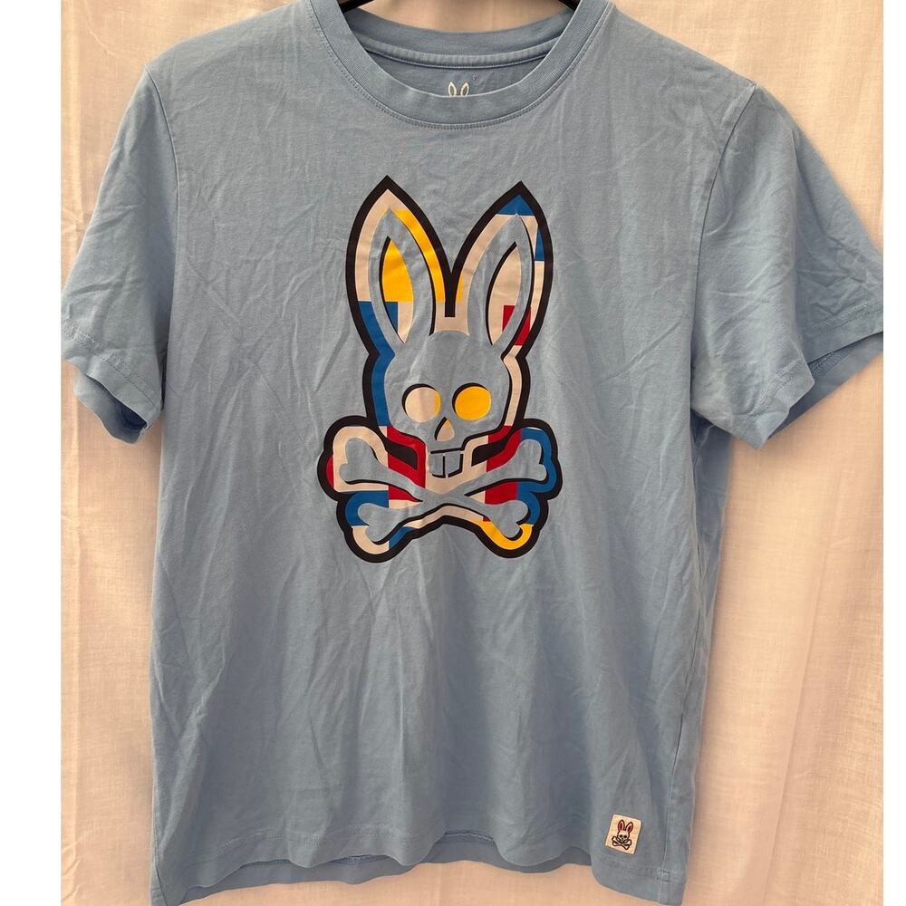 Psycho Bunny Mens Blue Graphic T-Shirt Pima Cotton Logo Size 4 Small